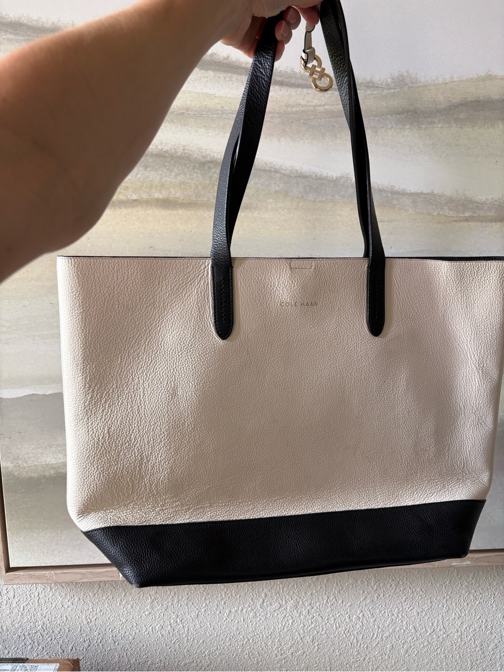 Cole Haan Cream and Black Leather Tote with Gold Charm